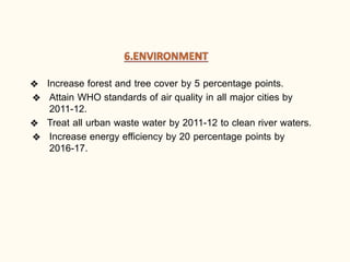 ❖ Increase forest and tree cover by 5 percentage points.
❖ Attain WHO standards of air quality in all major cities by
2011-12.
❖ Treat all urban waste water by 2011-12 to clean river waters.
❖ Increase energy efficiency by 20 percentage points by
2016-17.
 