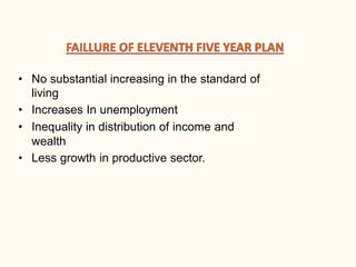• No substantial increasing in the standard of
living
• Increases In unemployment
• Inequality in distribution of income and
wealth
• Less growth in productive sector.
 
