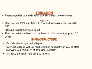 • Reduce gender gap and social gap in school’s environment
• Reduce IMR 25% and MMR to 1% and increase child sex ratio
950
• Reduce total fertility rate to 2.1
• Reduce under nutrition mal nutrition of children in age group 0-3
years
• Provide electricity to all villages
• Connect villages with all road whether national highway or state
highway to a minimum of two lane standard
• Increase the rural Tele-density to 70%
 
