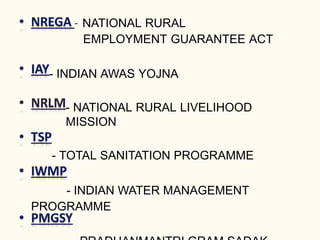 – NATIONAL RURAL
EMPLOYMENT GUARANTEE ACT
- INDIAN AWAS YOJNA
- NATIONAL RURAL LIVELIHOOD
MISSION
- TOTAL SANITATION PROGRAMME
- INDIAN WATER MANAGEMENT
PROGRAMME
 