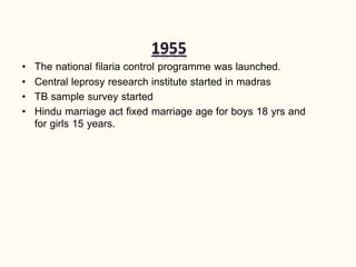 • The national filaria control programme was launched.
• Central leprosy research institute started in madras
• TB sample survey started
• Hindu marriage act fixed marriage age for boys 18 yrs and
for girls 15 years.
 