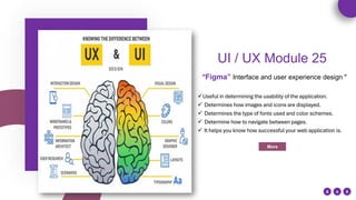 More
✓Useful in determining the usability of the application.
✓ Determines how images and icons are displayed.
✓ Determines the type of fonts used and color schemes.
✓ Determine how to navigate between pages.
✓ It helps you know how successful your web application is.
UI / UX Module 25
"
Interface and user experience design
“Figma”
 