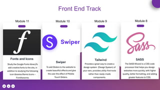 Fonts and Icons
Swiper
Tailwind
Study the Google Fonts libraryTo
add creative fonts to the site, in
addition to studying the following
icon libraries:Remix Icons –
FontAwsome.
To add ݺߣrs to the website to
create beautiful effects and give
the user the effect of Mobile
Touch ݺߣrs.
Provides a great way to create a
design system (Design System) of
your own, provides utility-first tools
rather than ready-made
components.
Front End Track
SASS
The SASS Wizard is a CSS code
processor that helps you design
websites more quickly, with higher
quality, better formatting, and adding
greater features to CSS.
Module 8
Module 9
Module 10
Module 11
 