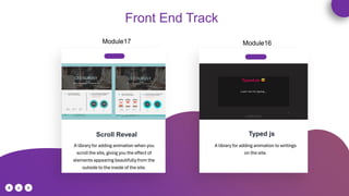 Scroll Reveal Typed js
A library for adding animation when you
scroll the site, giving you the effect of
elements appearing beautifully from the
outside to the inside of the site.
A library for adding animation to writings
on the site.
Front End Track
Module16
Module17
 