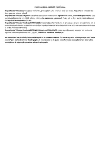 PROCESSO E REL. JURÍDICA PROCESSUAL
Requisitos de Validade (pressuposto vem antes, pressupõem uma condição para que exista. Requisito de validade são
itens para que o torne valido)
Requisitos de Validade Subjetivos: se refere aos sujeitos necessitando legitimidade causa, capacidade postulatória (adv
ou no juizado especial em até 20 salários mínimos) e capacidade processual. Para o juiz se deve que o magistrado deve
ser imparcial e competente (44-45)
Requisitos de Validade Objetivos INTRINCICOS: relacionado as formalidades do processo, o próprio procedimento em si
na sua sequencia de atos processuais seguindo a logica para exercer a tutela jurisdicional (a forma assegura garantia que
as partes não irão sobressair)
Requisitos de Validade Objetivos EXTRINSECOS(externo) NEGATIVOS: coisas que não devem aparecer em nenhuma
hipótese como litispendência, coisa julgada, convenção arbitraria, perempção
RVOE Positivos: necessidade/utilidade/adequação. O processo deve ser útil entre as partes (conseguir algo para parte
autora/ para parte ré se livrar da obrigação). A necessidade se da que a única forma de resolução se fará pela tutela
jurisdicional. A adequação para que seja a via adequada
 