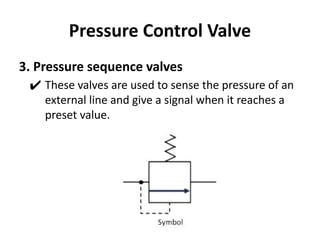 Pressure Control Valve
3. Pressure sequence valves
✔ These valves are used to sense the pressure of an
external line and give a signal when it reaches a
preset value.
 