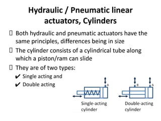 Hydraulic / Pneumatic linear
actuators, Cylinders
Both hydraulic and pneumatic actuators have the
same principles, differences being in size
The cylinder consists of a cylindrical tube along
which a piston/ram can slide
They are of two types:
✔ Single acting and
✔ Double acting
 