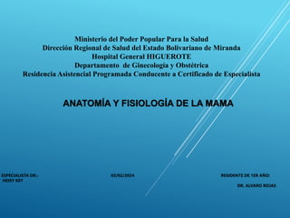 Ministerio del Poder Popular Para la Salud
Dirección Regional de Salud del Estado Bolivariano de Miranda
Hospital General HIGUEROTE
Departamento de Ginecología y Obstétrica
Residencia Asistencial Programada Conducente a Certificado de Especialista
ANATOMÍA Y FISIOLOGÍA DE LA MAMA
ESPECIALISTA DR.: 03/02/2024 RESIDENTE DE 1ER AÑO:
HEISY KEY
DR. ALVARO ROJAS
 