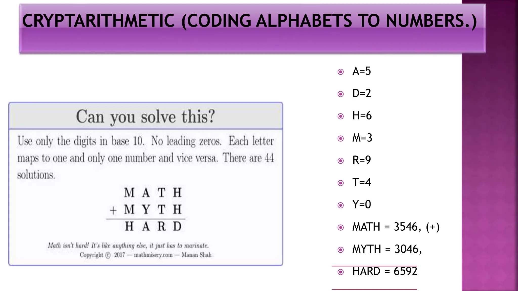  A=5
 D=2
 H=6
 M=3
 R=9
 T=4
 Y=0
 MATH = 3546, (+)
 MYTH = 3046,
 HARD = 6592
 