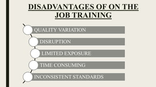 DISADVANTAGES OF ON THE
JOB TRAINING
QUALITY VARIATION
DISRUPTION
LIMITED EXPOSURE
TIME CONSUMING
INCONSISTENT STANDARDS
 