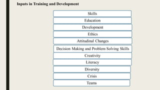 Inputs in Training and Development
Skills
Education
Development
Ethics
Attitudinal Changes
Decision Making and Problem Solving Skills
Creativity
Literacy
Diversity
Crisis
Teams
 