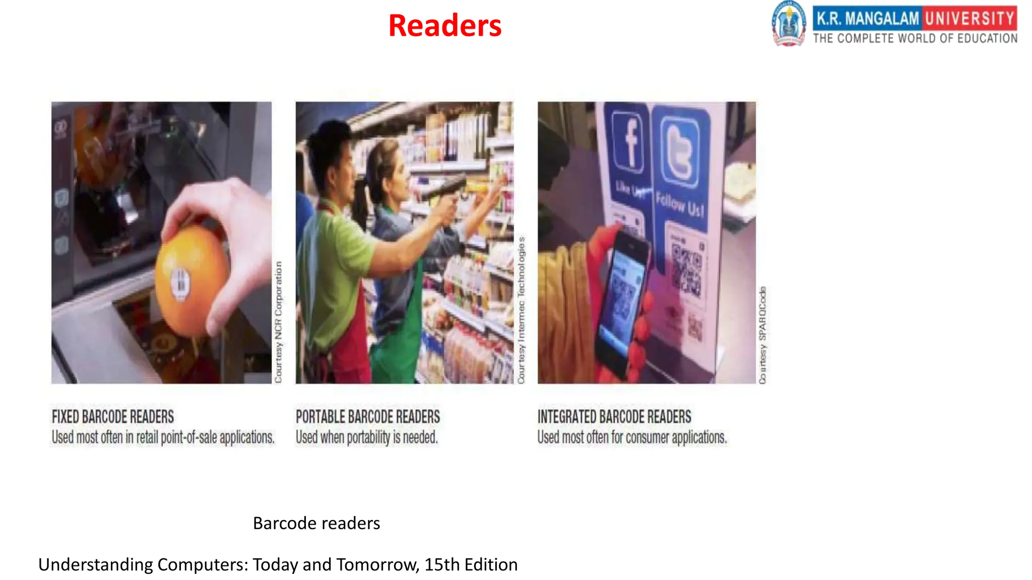 Readers
Barcode readers
Understanding Computers: Today and Tomorrow, 15th Edition
 