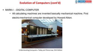  MARK-I - DIGITAL COMPUTER
• All calculating machines are invented basically mechanical machine. First
electro-mechanical computer developed by Howard Aiken.
Understanding Computers: Today and Tomorrow, 15th Edition
Evolution of Computers (cont’d)
 