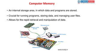 Computer Memory
• An internal storage area, in which data and programs are stored.
• Crucial for running programs, storing data, and managing user files.
• Allows for the rapid retrieval and manipulation of data.
www.study.in
 