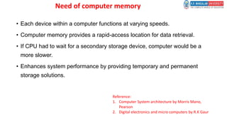 Need of computer memory
• Each device within a computer functions at varying speeds.
• Computer memory provides a rapid-access location for data retrieval.
• If CPU had to wait for a secondary storage device, computer would be a
more slower.
• Enhances system performance by providing temporary and permanent
storage solutions.
Reference:
1. Computer System architecture by Morris Mano,
Pearson
2. Digital electronics and micro computers by R.K Gaur
 