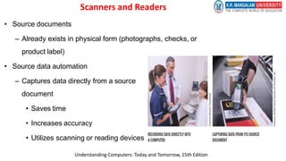 Scanners and Readers
• Source documents
– Already exists in physical form (photographs, checks, or
product label)
• Source data automation
– Captures data directly from a source
document
• Saves time
• Increases accuracy
• Utilizes scanning or reading devices
Understanding Computers: Today and Tomorrow, 15th Edition
 
