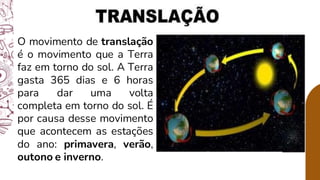 O movimento de translação
é o movimento que a Terra
faz em torno do sol. A Terra
gasta 365 dias e 6 horas
para dar uma volta
completa em torno do sol. É
por causa desse movimento
que acontecem as estações
do ano: primavera, verão,
outono e inverno.
 