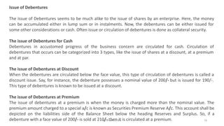 Issue of Debentures
The issue of Debentures seems to be much alike to the issue of shares by an enterprise. Here, the money
can be accumulated either in lump sum or in instalments. Now, the debentures can be either issued for
some other considerations or cash. Often issue or circulation of debentures is done as collateral security.
The issue of Debentures for Cash
Debentures in accustomed progress of the business concern are circulated for cash. Circulation of
debentures that occurs can be categorized into 3 types, like the issue of shares at a discount, at a premium
and at par.
The issue of Debentures at Discount
When the debentures are circulated below the face value, this type of circulation of debentures is called a
discount issue. Say, for instance, the debenture possesses a nominal value of 200/- but is issued for 190/-.
This type of debentures is known to be issued at a discount.
The issue of Debentures at Premium
The issue of debentures at a premium is when the money is charged more than the nominal value. The
premium amount charged to a special a/c is known as Securities Premium Reserve A/c. This account shall be
depicted on the liabilities side of the Balance Sheet below the heading Reserves and Surplus. So, if a
debenture with a face value of 200/- is sold at 210/- then it is circulated at a premium.
By Shivani Arora 16
 
