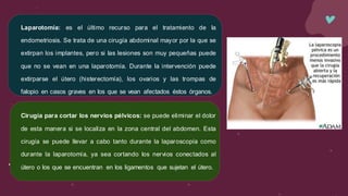 Laparotomía: es el último recurso para el tratamiento de la
endometriosis. Se trata de una cirugía abdominal mayor por la que se
extirpan los implantes, pero si las lesiones son muy pequeñas puede
que no se vean en una laparotomía. Durante la intervención puede
extirparse el útero (histerectomía), los ovarios y las trompas de
falopio en casos graves en los que se vean afectados éstos órganos.
Cirugía para cortar los nervios pélvicos: se puede eliminar el dolor
de esta manera si se localiza en la zona central del abdomen. Esta
cirugía se puede llevar a cabo tanto durante la laparoscopía como
durante la laparotomía, ya sea cortando los nervios conectados al
útero o los que se encuentran en los ligamentos que sujetan el útero.
 