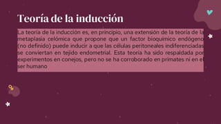 La teoría de la inducción es, en principio, una extensión de la teoría de la
metaplasia celómica que propone que un factor bioquímico endógeno
(no definido) puede inducir a que las células peritoneales indiferenciadas
se conviertan en tejido endometrial. Esta teoría ha sido respaldada por
experimentos en conejos, pero no se ha corroborado en primates ni en el
ser humano
Teoría de la inducción
 