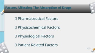 Factors Affecting The Absorption of Drugs
💊 Pharmaceutical Factors
💊 Physicochemical Factors
💊 Physiological Factors
💊 Patient Related Factors
 