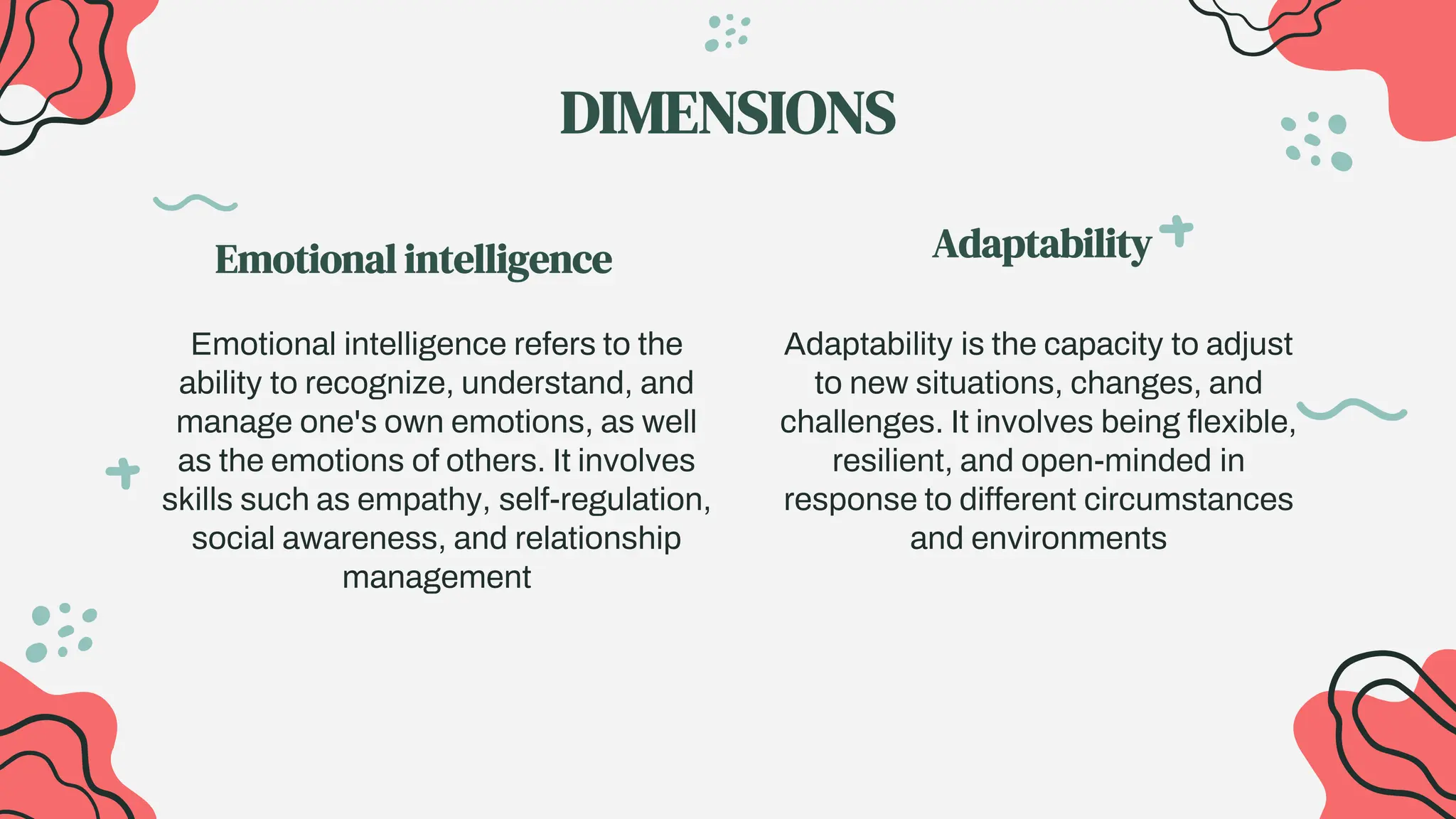 Emotional intelligence refers to the
ability to recognize, understand, and
manage one's own emotions, as well
as the emotions of others. It involves
skills such as empathy, self-regulation,
social awareness, and relationship
management
Emotional intelligence
Adaptability is the capacity to adjust
to new situations, changes, and
challenges. It involves being flexible,
resilient, and open-minded in
response to different circumstances
and environments
Adaptability
DIMENSIONS
 