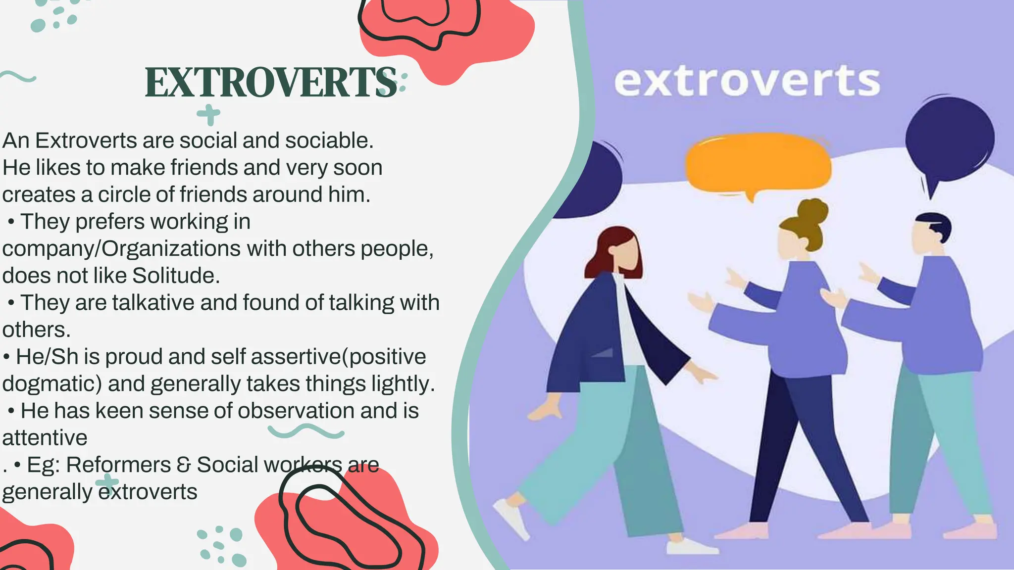 EXTROVERTS
An Extroverts are social and sociable.
He likes to make friends and very soon
creates a circle of friends around him.
• They prefers working in
company/Organizations with others people,
does not like Solitude.
• They are talkative and found of talking with
others.
• He/Sh is proud and self assertive(positive
dogmatic) and generally takes things lightly.
• He has keen sense of observation and is
attentive
. • Eg: Reformers & Social workers are
generally extroverts
 