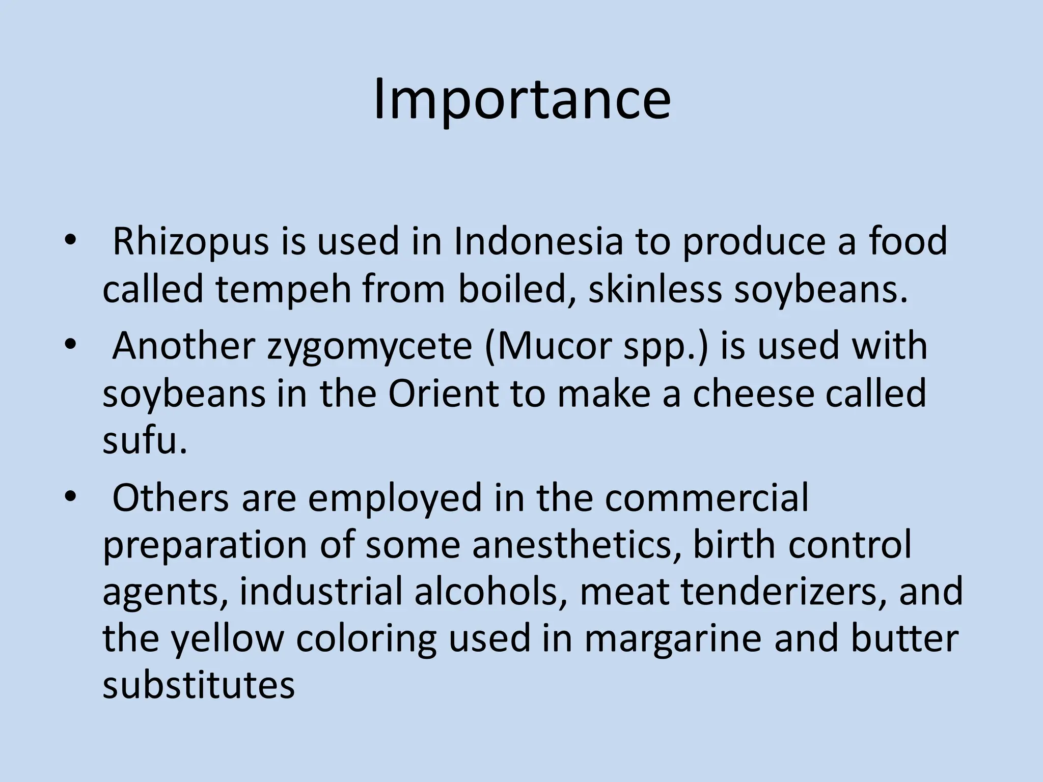 Importance
• Rhizopus is used in Indonesia to produce a food
called tempeh from boiled, skinless soybeans.
• Another zygomycete (Mucor spp.) is used with
soybeans in the Orient to make a cheese called
sufu.
• Others are employed in the commercial
preparation of some anesthetics, birth control
agents, industrial alcohols, meat tenderizers, and
the yellow coloring used in margarine and butter
substitutes
 