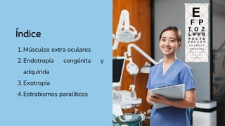 Músculos extra oculares
1.
Endotropía congénita y
adquirida
2.
Exotropía
3.
Estrabismos paralíticos
4.
Índice
 