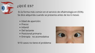 Es la forma más común en el servicio de oftalmología en (55%).
Se dice adquirida cuando se presenta antes de los 6 meses
Edad de aparición:
Precoz
Infantil
Del lactante
Posicional primaria
Entropía no acomodativa
9/10 casos no tiene el problema
 