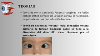 Teoría de Worth (sensorial): Ausencia congénita de fusión
cortical. Déficit primario de la fusión cortical al nacimiento,
no podrá tener una buena función binocular.
Teoría de Chavasse: “motora” mala alineación motora
primaria, la función binocular pobre se debe a la
disrupción del desarrollo visual binocular por el
estrabismo
 