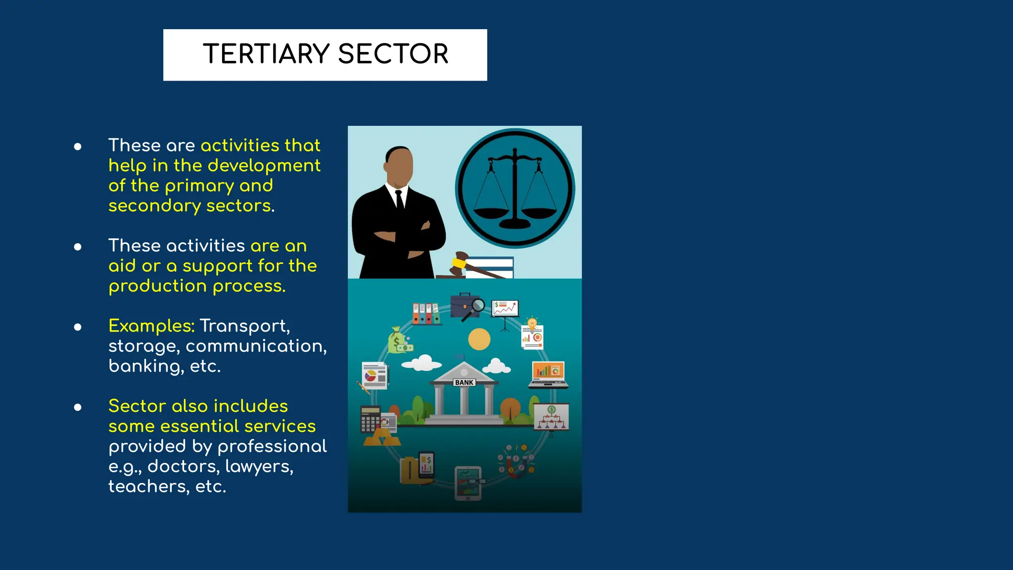 ● These are activities that
help in the development
of the primary and
secondary sectors.
● These activities are an
aid or a support for the
production process.
● Examples: Transport,
storage, communication,
banking, etc.
● Sector also includes
some essential services
provided by professional
e.g., doctors, lawyers,
teachers, etc.
TERTIARY SECTOR
 