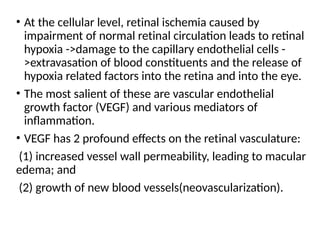 • At the cellular level, retinal ischemia caused by
impairment of normal retinal circulation leads to retinal
hypoxia ->damage to the capillary endothelial cells -
>extravasation of blood constituents and the release of
hypoxia related factors into the retina and into the eye.
• The most salient of these are vascular endothelial
growth factor (VEGF) and various mediators of
inflammation.
• VEGF has 2 profound effects on the retinal vasculature:
(1) increased vessel wall permeability, leading to macular
edema; and
(2) growth of new blood vessels(neovascularization).
 