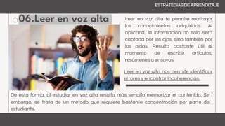 06.Leer en voz alta
ESTRATEGIAS DE APRENDIZAJE
Leer en voz alta te permite reafirmar
los conocimientos adquiridos. Al
aplicarla, la información no solo será
captada por los ojos, sino también por
los oídos. Resulta bastante útil al
momento de escribir artículos,
resúmenes o ensayos.
Leer en voz alta nos permite identificar
errores y encontrar incoherencias.
De esta forma, al estudiar en voz alta resulta más sencillo memorizar el contenido. Sin
embargo, se trata de un método que requiere bastante concentración por parte del
estudiante.
 