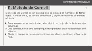11. Metodo de Cornell
ESTRATEGIAS DE APRENDIZAJE
El método de Cornell es un sistema que se emplea al momento de tomar
notas. A través de él, es posible condensar y organizar apuntes de manera
eficiente.
 Para emplearlo, el estudiante debe dividir su hoja de trabajo en dos
columnas.
 Una para apuntes y otra para preguntas o palabras clave relacionadas con
el tema.
 Al mismo tiempo, se dejarán unas cinco o siete líneas en blanco al final de la
hoja.
 