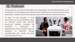 12. Podcast
ESTRATEGIAS DE APRENDIZAJE
Actualmente uno de los formatos más populares de entretenimiento es el
«podcast», sin embargo para quienes son auditivos es una buena forma de
aprender. Puedes encontrar podcast de prácticamente todos los temas.
Si bien el más popular a nivel
educativo son los audiolibros (que
no forman parte del formato
podcast), existen canales de
youtube y personas en
plataformas como spotify que se
dedican a difundir temas
académicos por medio de este
tipo de plataformas.
 