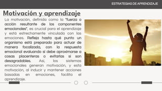 Motivación y aprendizaje
ESTRATEGIAS DE APRENDIZAJE
La motivación, definida como la "fuerza o
acción resultante de los componentes
emocionales", es crucial para el aprendizaje
y está estrechamente vinculada con las
emociones. Refleja hasta qué punto un
organismo está preparado para actuar de
manera focalizada, con la respuesta
emocional evaluando si debe aproximarse a
cosas placenteras o evitarlas si son
desagradables. Así, los sistemas
emocionales generan motivación, y esta
motivación, al inducir y mantener acciones
basadas en emociones, facilita el
aprendizaje.
 