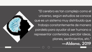 —Aldana, 2019
“El cerebro es tan complejo como el
universo, según estudios se conoce
que es un sistema muy distribuido que
trabaja constantemente de manera
paralela para ayudar al ser humano a
representar contenidos, percibir ideas,
planes, sentimientos, etc.”
 