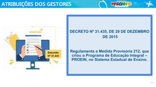 DECRETO Nº 31.435, DE 29 DE DEZEMBRO
DE 2015
Regulamenta a Medida Provisória 212, que
criou o Programa de Educação Integral –
PROEIN, no Sistema Estadual de Ensino.
ATRIBUIÇÕES DOS GESTORES
17
 