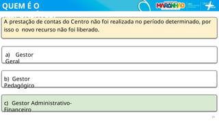 A prestação de contas do Centro não foi realizada no período determinado, por
isso o novo recurso não foi liberado.
a) Gestor
Geral
b) Gestor
Pedagógico
c) Gestor Administrativo-
Financeiro
29
QUEM É O
RESPONSÁVEL?
 