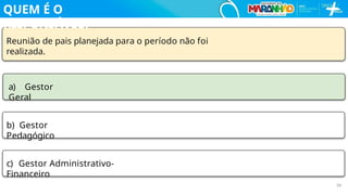 Reunião de pais planejada para o período não foi
realizada.
a) Gestor
Geral
b) Gestor
Pedagógico
c) Gestor Administrativo-
Financeiro
34
QUEM É O
RESPONSÁVEL?
 