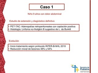 Caso 1
Niño 9 años con dolor abdominal
• PET-TAC: Adenopatías retroperitoneales con captación positiva
• Histología: Linfoma no-Hodgkin B sugestivo de L. de Burkitt
Estudio de extensión y diagnóstico definitivo
Evolución
• Inicio tratamiento según protocolo INTER-B-NHL 2010
• Reducción inicial de lesiones 38% y 54%
 