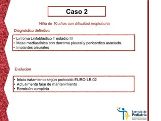 Caso 2
Niña de 10 años con dificultad respiratoria
• Linfoma Linfoblástico T estadío III
• Masa mediastínica con derrame pleural y pericardico asociado.
• Implantes pleurales
Diagnóstico definitivo
Evolución
• Inicio tratamiento según protocolo EURO-LB 02
• Actualmente fase de mantenimiento
• Remisión completa
 