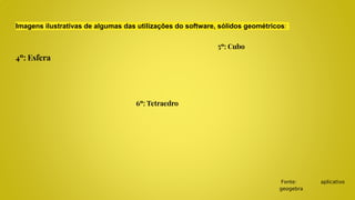 Imagens ilustrativas de algumas das utilizações do software, sólidos geométricos:
4º: Esfera
5º: Cubo
6º: Tetraedro
Fonte: aplicativo
geogebra
 
