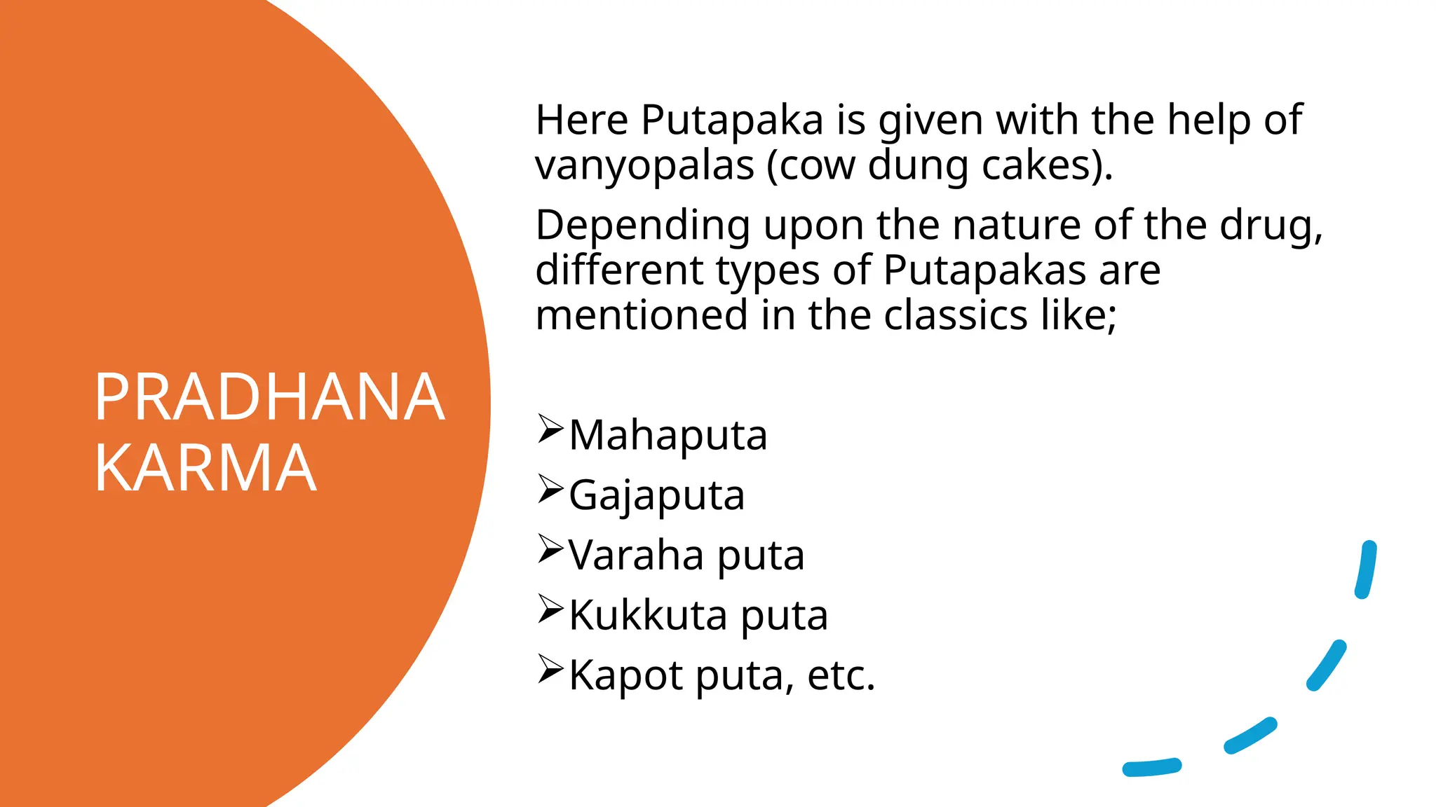 PRADHANA
KARMA
Here Putapaka is given with the help of
vanyopalas (cow dung cakes).
Depending upon the nature of the drug,
different types of Putapakas are
mentioned in the classics like;
Mahaputa
Gajaputa
Varaha puta
Kukkuta puta
Kapot puta, etc.
 
