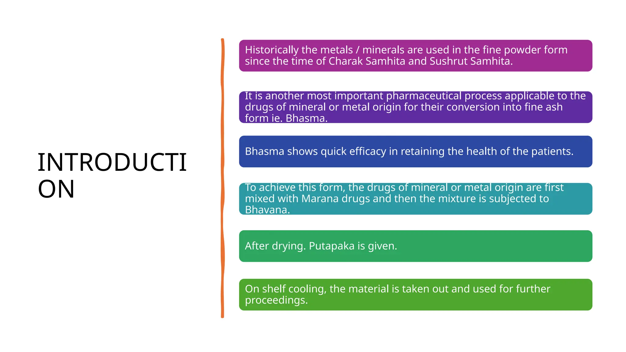 INTRODUCTI
ON
Historically the metals / minerals are used in the fine powder form
since the time of Charak Samhita and Sushrut Samhita.
It is another most important pharmaceutical process applicable to the
drugs of mineral or metal origin for their conversion into fine ash
form ie. Bhasma.
Bhasma shows quick efficacy in retaining the health of the patients.
To achieve this form, the drugs of mineral or metal origin are first
mixed with Marana drugs and then the mixture is subjected to
Bhavana.
After drying. Putapaka is given.
On shelf cooling, the material is taken out and used for further
proceedings.
 