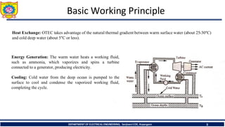 Heat Exchange: OTEC takes advantage of the natural thermal gradient between warm surface water (about 25-30°C)
and cold deep water (about 5°C or less).
3
Basic Working Principle
DEPARTMENT OF ELECTRICAL ENGINEERING, Sanjivani COE, Kopargaon
Energy Generation: The warm water heats a working fluid,
such as ammonia, which vaporizes and spins a turbine
connected to a generator, producing electricity.
Cooling: Cold water from the deep ocean is pumped to the
surface to cool and condense the vaporized working fluid,
completing the cycle.
 