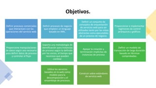 Objetivos.
Definir procesos comerciales
que interactúen con las
operaciones del servicio web.
Definir procesos de negocio
que empleen un lenguaje
basado en XML.
Definir un conjunto de
conceptos de orquestación
de servicios web para ser
utilizados tanto por las vistas
abstractas como ejecutables
de un proceso de negocio.
Proporcionar e implementar
regímenes de control
jerárquicos y gráficos.
Proporcione manipulaciones
de datos según sea necesario
para definir datos de proceso
y controlar el flujo
Soporta una metodología de
identificación para instancias
de proceso según lo definido
por los socios, al tiempo que
reconoce que pueden
cambiar
Apoyar la creación y
terminación implícitas de
instancias de proceso
Definir un modelo de
transacción de larga duración
basado en técnicas
comprobadas.
Utilice los servicios
basados en la web como
modelo para la
descomposición y el
ensamblaje de procesos.
Construir sobre estándares
de servicio web
 