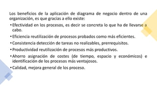 Los beneficios de la aplicación de diagrama de negocio dentro de una
organización, es que gracias a ello existe:
•Efectividad en los procesos, es decir se concreta lo que ha de llevarse a
cabo.
•Eficiencia reutilización de procesos probados como más eficientes.
•Consistencia detección de tareas no realizables, prerrequisitos.
•Productividad reutilización de procesos más productivos.
•Ahorro asignación de costes (de tiempo, espacio y económicos) e
identificación de los procesos más ventajosos.
•Calidad, mejora general de los proceso.
 