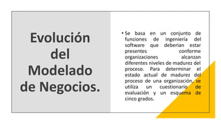 Evolución
del
Modelado
de Negocios.
• Se basa en un conjunto de
funciones de ingeniería del
software que deberían estar
presentes conforme
organizaciones alcanzan
diferentes niveles de madurez del
proceso. Para determinar el
estado actual de madurez del
proceso de una organización, se
utiliza un cuestionario de
evaluación y un esquema de
cinco grados.
 